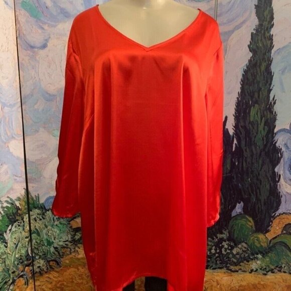 Jessica London Plus 18W Fire Red Satin V-Neckline 3/4 Ruched Sleeve Blouse - Picture 2 of 7